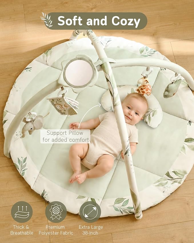 Baby Play Gym & Mat, Tummy Time Mat for Babies 0-12 Months, Green | Machine-Washable Foldable Activity Mat with 5 Detachable Toys; Certified Safe Newborn Essentials Gift for Baby Registry