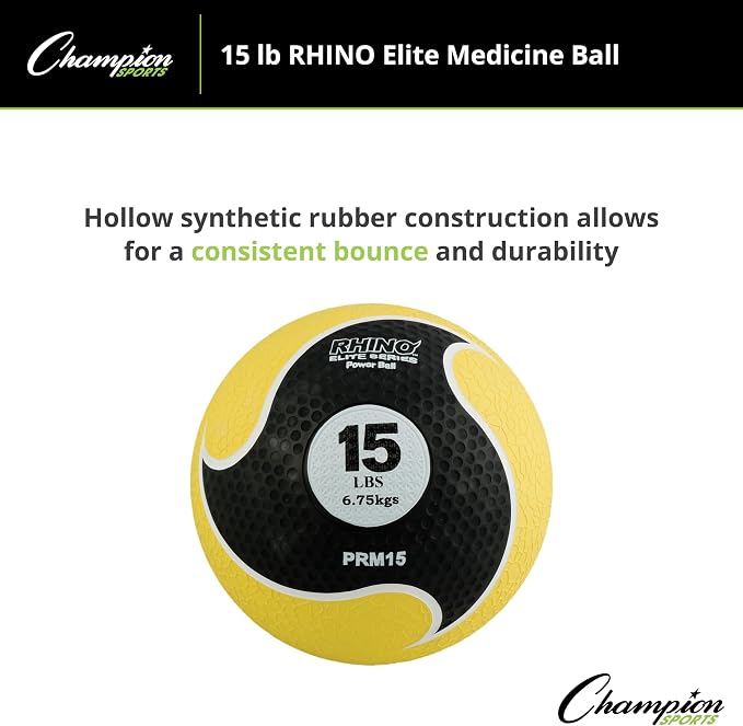 Champion Sports Rhino Elite Medicine Ball – Textured Surface, Superior Grip, Hollow Synthetic Rubber for Consistent Bounce & Durability, Multiple Weights & Colors - Optional Rebounder Sold Separately