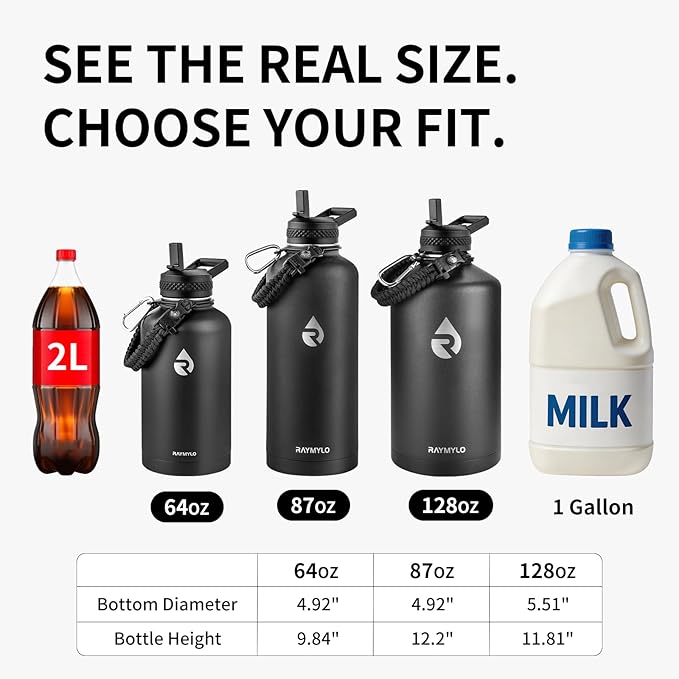 RAYMYLO Insulated Water Bottle 87 oz, Triple Wall Vacuum Stainless Steel (Cold for 48 Hrs), Leak Proof & Non-BPA, Modern Water Flask Jug with Paracord Handle & Straw Spout Lids, Indigo/Black | Cold for 48 Hrs), Leak Proof & Non-BPA, Modern Water Flask ...