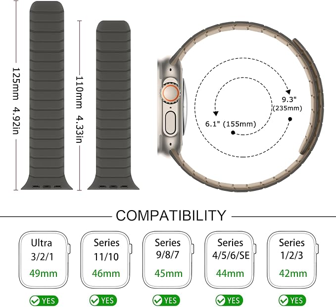 Tasikar Magnetic Bands Compatible with Apple Watch 49mm 46mm 45mm 44mm 42mm Soft Silicone Replacement Loop Wristband for iWatch Ultra 3 2 1 SE Series 11 10 9 8 7 6 5 4 3, Grey-Coffee