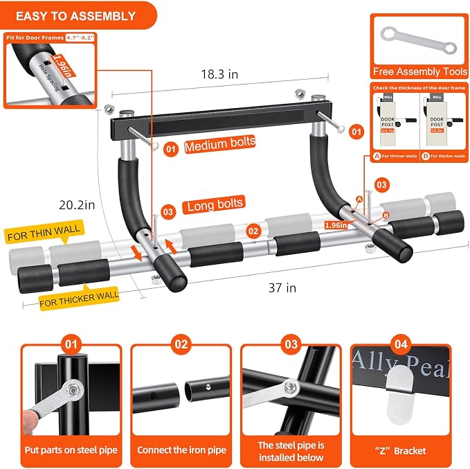 Ally Peaks Pull Up Bar for Doorway | Thickened Steel Max Limit 440 lbs Upper Body Fitness Workout Bar| Multi-Grip Strength for Doorway | Indoor Chin-Up Bar Fitness Trainer for Home Gym Portable