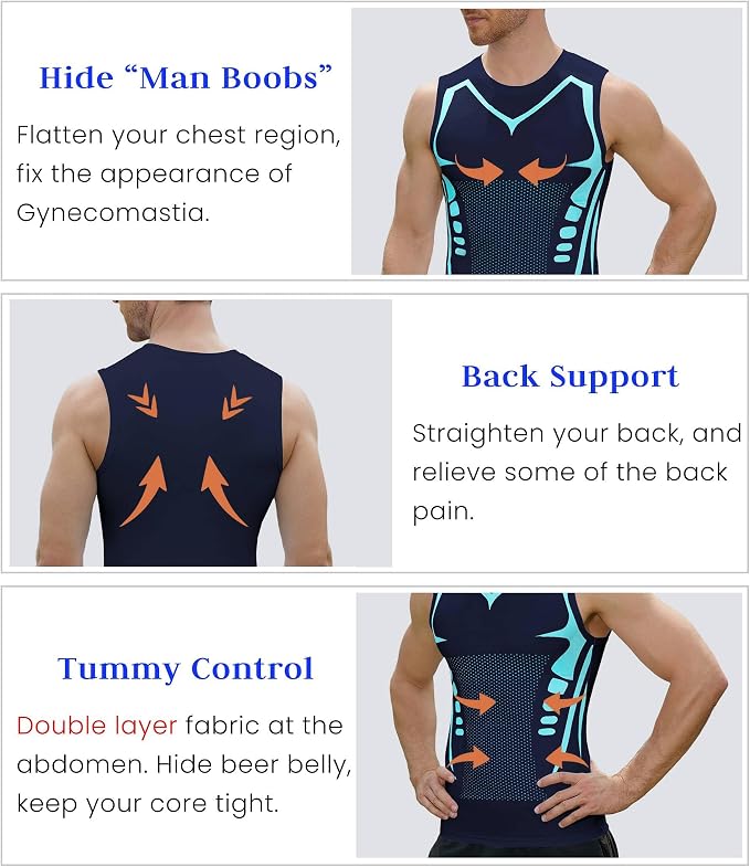 Compression Shirt Men Slimming Body Shaper Vest Crewneck Workout Tank Top | Tummy Control Undershirts, Gynecomastia Compression Shirts, Back Support, Sleeveless Muscle Shirts, Shaping Tank Top
