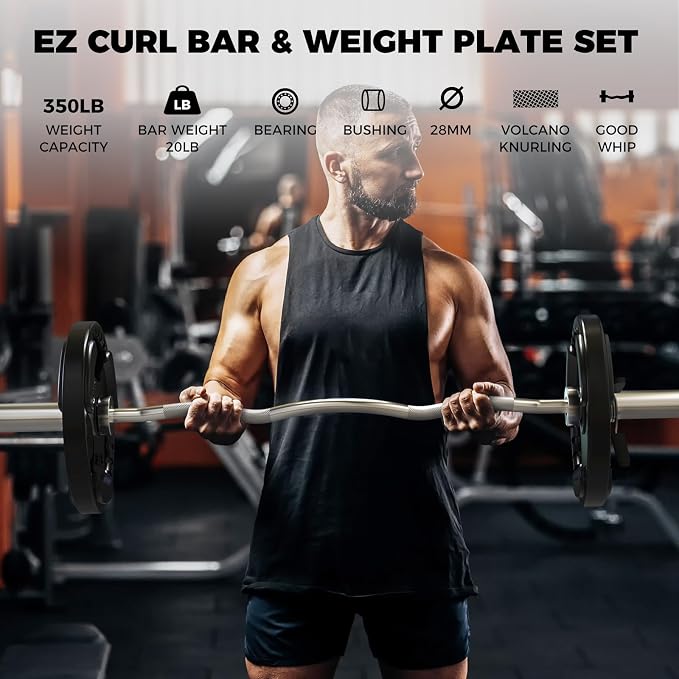 RitFit 2 Inch EZ Curl Bar Olympic Barbell with Weight Plates & Collar | 4FT EZ Curl Bar with 35LB Weight Plates, Collars for Bicep, Tricep Workout, Weightlifting, 350LBS Weight Capacity