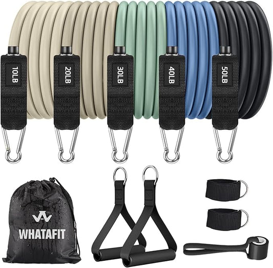 WHATAFIT Resistance Bands with Handles, 5-Level Exercise Bands for Workout | Natural latex,10-50 lbs, stackable to 150,Ankle Straps, Door Anchor,Guide. For Strength, Yoga,Home Gym,Travel & Workout.