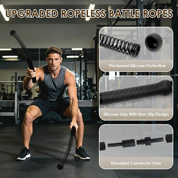 Ropeless Battle Ropes, 2-in-1 Weighted Cordless Ropes for Home Gym, Black | Portable design for strength building, HIIT & low-impact cardio. Versatile exercise equipment for men & women