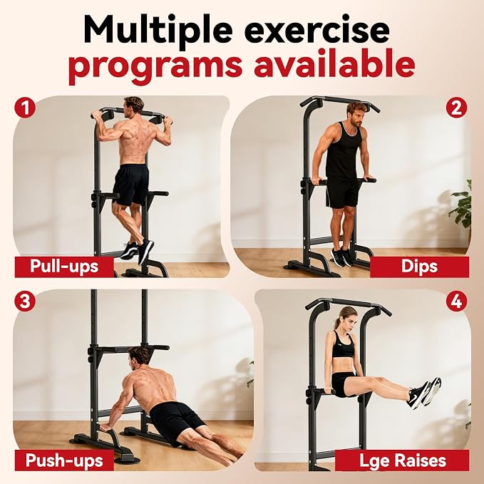 WATBKHE Power Tower Pull Up Dip Station Foldable, Pull Up Bar Station Adjustable, Multi-Function Home Gym, Strength Training Fitness Equipment, Triangular Design, for Home Outdoor
