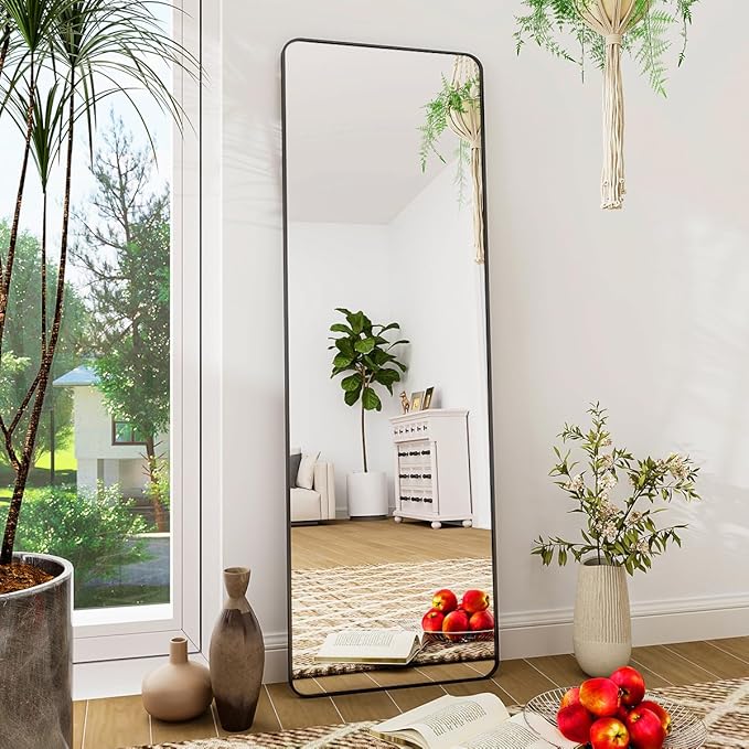 BEAUTYPEAK 59" x 16" Rounded Corner Full Length Mirror with Stand, Black | Aluminum Alloy Frame with Standing, Leaning, or Wall-Mounted, Ideal for Bedroom, Dressing Room, Entryway, and Living Room
