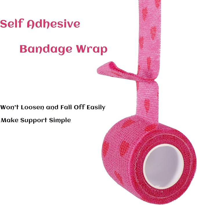 24 Rolls Elastic Self Adhesive Bandage Wrap 2 inch, Breathable Non Woven Cohesive Bandage, Vet Wrap for Dogs, Ankle Sprains Swelling Tape, Sports Athletic Tape (Pink Heart)