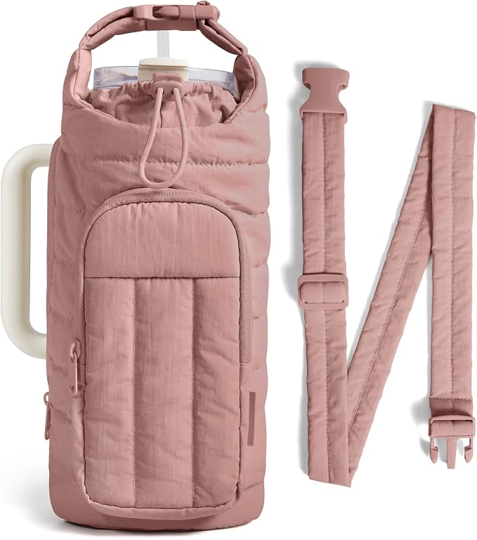 BAGSMART 40oz Water Bottle Holder with Strap, Quilted Gym Accessories | Magnetic or Classic Design, Lightweiht Tumbler Drink Carrier, Quilted Crossbody Purse