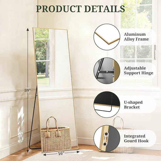 Mirror Full Length 59"x16", Rectangle Full Body Floor Mirrors with Stand | Shatterproof Glass, Aluminum Alloy Frame, Free Standing, Wall Mounted or Leaning for Bedroom Living Room Entryway