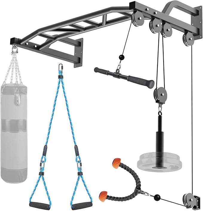 SELEWARE 48'' Heavy Duty Wall Mount Pull Up Bar with Cable Pulley System | Multi-function Chin up Bar with Cable Pulleys LAT Pulldown Attachments Heavy Bag Hanger for Home/Garage Gym Strength Training