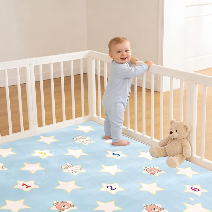 Baby Play Mat for Floor, 71'' x 59'' Thicken Foam Soft Padded Playmat for Tummy Time, Playpen Mat for Toddlers Infant Kids, Water-Repellent Coral Velvet, Non-Slip Bottom Safe for Crawling (Star)