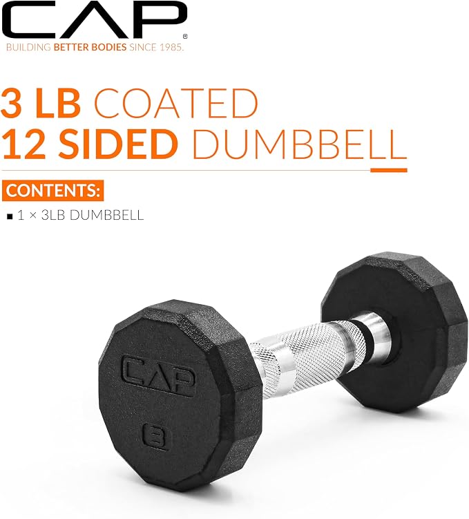 CAP Rubber Coated Dumbbell Weights, Free Weights for Home Gym Strength Training, Anti-Roll Hex Dumbbells with Black, Chrome & Comfort Grip Handles, Singles