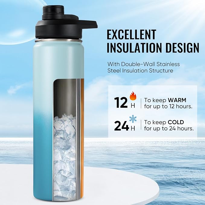 Fijinhom Insulated Water Bottle with Handle, 304 Stainless Steel Water Bottles with Wide Mouth, Double Wall Vacuum Sports Water Bottle, BPA Free, Keep Cold and Hot, 24 Ounces, Coastal Fade