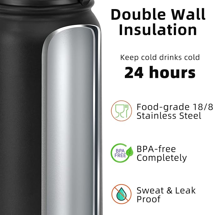 Fanhaw 40 oz Insulated Stainless Steel Water Bottle with Chug Lid, Leakproof & Sweat-Free Extra-Large Metal Bottle for Outdoor, Hiking & Gym (Black)