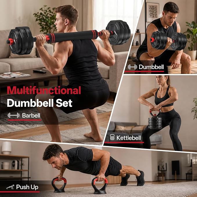 PASYOU Adjustable Dumbbell Set, 45lbs Free Weight Set with Connector, 5 in 1 Weight Set Used as Kettlebells, Barbell, Push up Stand, Fitness Exercises for Home Gym Suitable Men/Women