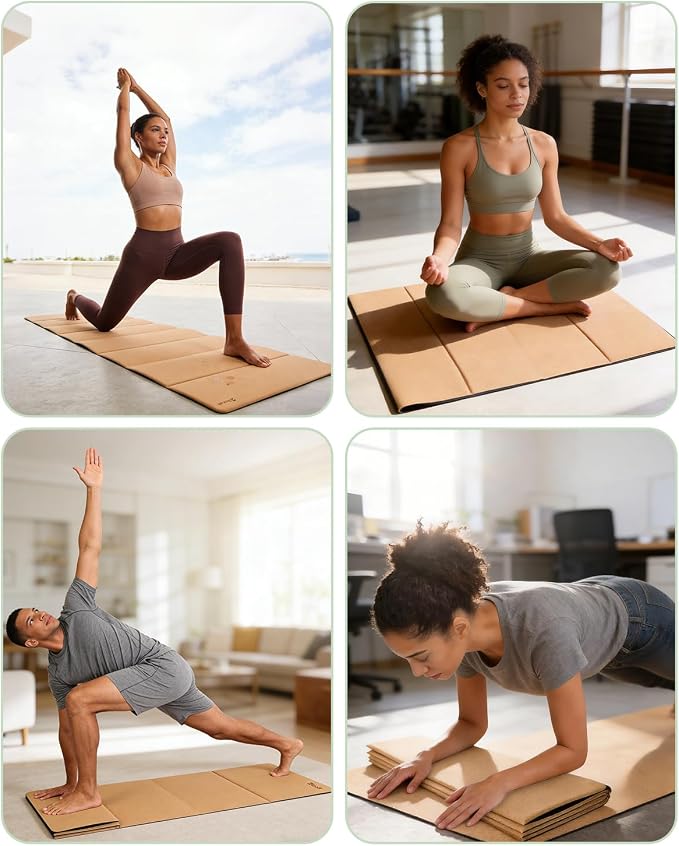 Rocalt Foldable Cork Yoga Mat, Non Slip Travel Pilates Workout Mat | 69 x 24 x 0.25 in, accordion-fold design, POE backing, carry strap for yoga, stretching and travel