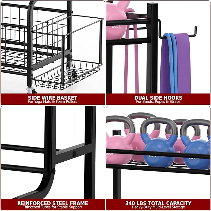 4-Tier Home Gym Storage Rack with Wheels and Hooks, Dumbbell Stand | 340 lbs 4-Tier Dumbbell Rack, Kettlebell Stand and Sports Equipment Organizer for Home Gym, Garage, Apartment