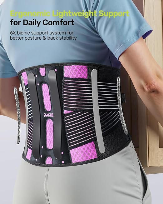 Rakiie Slim Back Brace for Lower Back Pain Relief, Lightweight & Breathable Back Support Brace for Men Women, Ergonomic Light Lumbar Support for Everyday Wear, Pink XXL