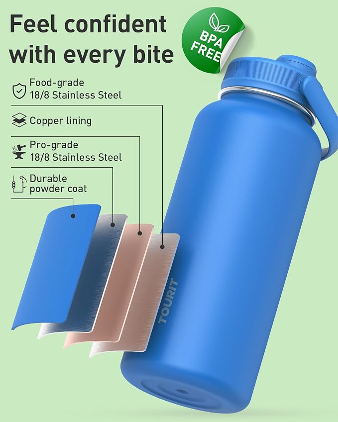 TOURIT 40 oz Insulated Stainless Steel Water Bottle, Black | Double-wall vacuum thermal flask with top handle, leakproof & BPA-free design for sports, gym, hiking & travel use
