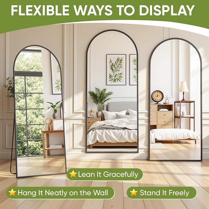 Full Length Mirror 78" L x 38" Full Body Standing Mirror for Bedroom, Living Room, Gym, Dorm - Shatter-Resistant & Easy Assembly, Arched Style Black