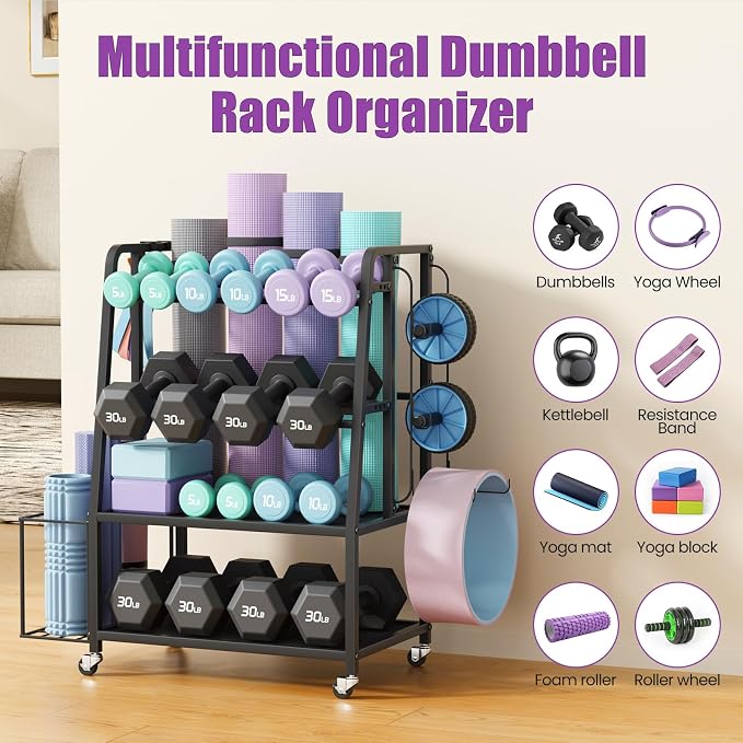 VOPEAK 3-Tier Dumbbell Rack Stand with Wheels, Home Gym Yoga Mat Storage | Stores dumbbells, kettlebells & yoga mats. Lockable wheels for mobility. Sturdy steel frame, easy 15-min assembly