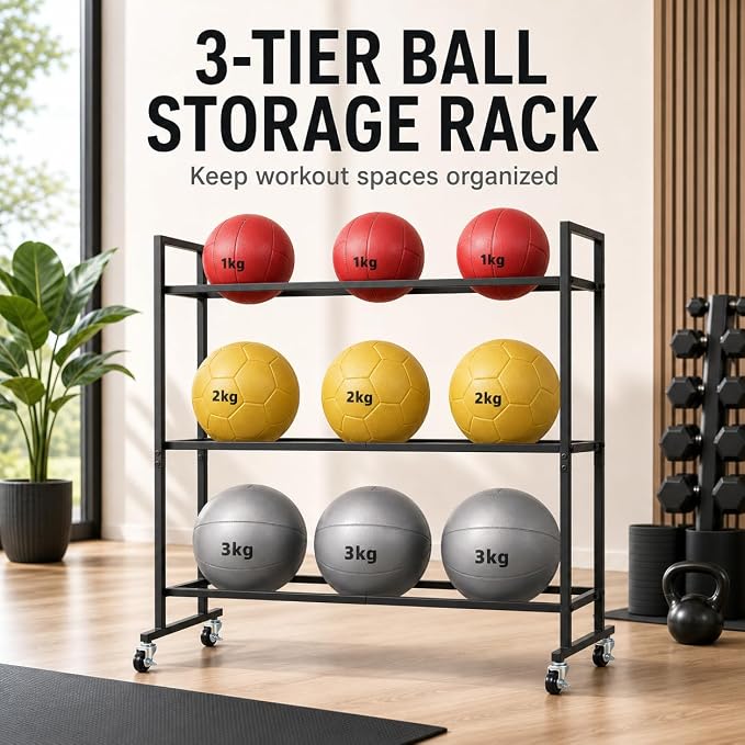 3 Tier Medicine Ball Rack with Wheels, Rolling Weight Ball Storage Stand for Home Gym with 20 lbs Capacity Per Shelf, Heavy Duty Fitness Holder for Slam Balls Wall Balls Exercise Balls, Indoor/Outdoor