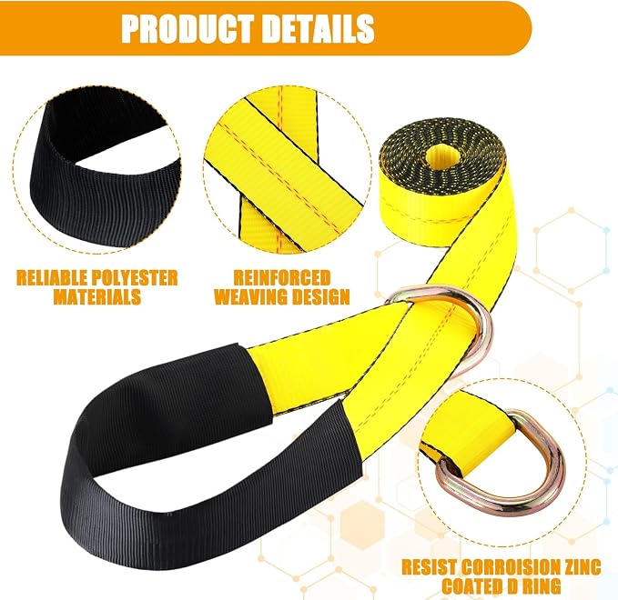 12 Pack 2" x 12ft Lasso Tow Truck Straps with D Ring 11, 000 Lbs Break Strength D Ring Auto Tie Down Wheel Lift Trailer Strap for Hauling Utv SUV Wrecker Rollback (Yellow)