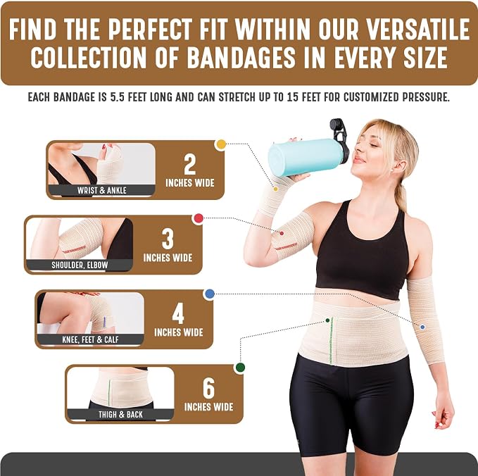 Premium Elastic Bandage Wrap (3” Wide, 25 Pack) - Nexskin Latex Free Athletic/Medical Compression Bandages Hook & Loop Fasteners at Both Ends - Lifetime Washable & Reusable Bandages