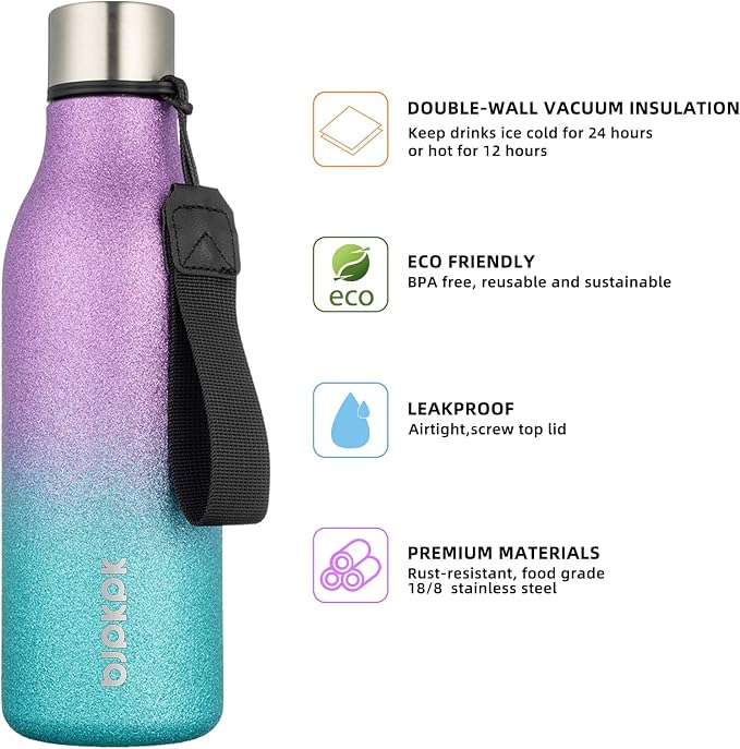 BJPKPK 18oz Insulated Water Bottle, Stainless Steel Bottle with Carry Strap | Keep Cold & Hot Vacuum Insulation, Leak-Proof BPA-Free Design, Slim Bottle Fits Most Cup Holders for Gym, Office & Travel
