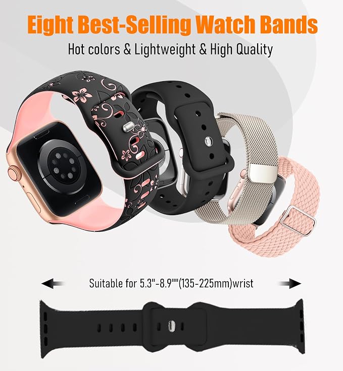 8 Pack Compatible with Apple Watch Ultra 3/2 Band 49mm 46mm 45mm 44mm 42mm Men Women,Engraved Flower Silicone+Sport Band+Milanese Loop+Braided Nylon for iWatch Ultra 3/2/1Series 11/10/9/8/7/6/SE/5/4/3