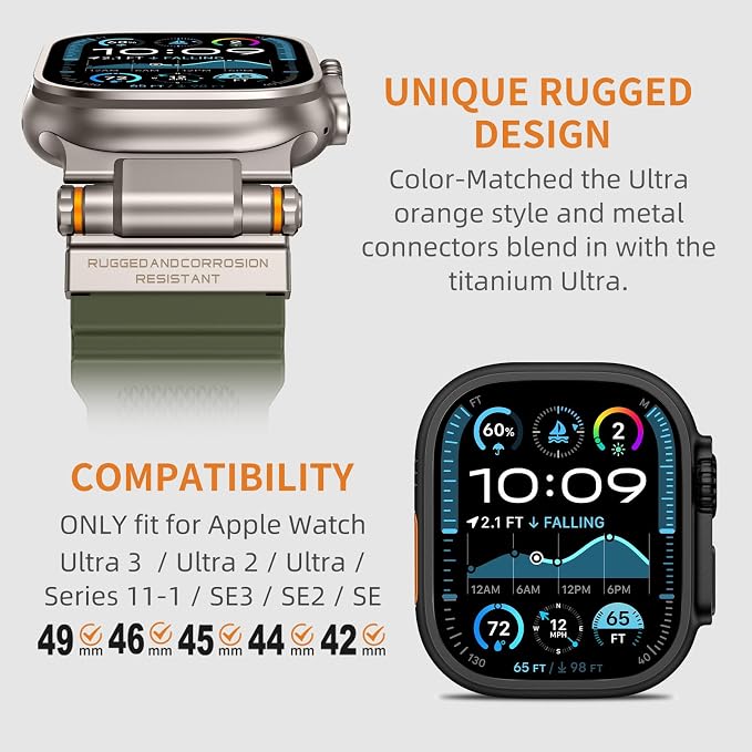 Band Compatible with Apple Watch Ultra 3/2/1 Band 49/46/45/44mm | Metal Connector with Silicone Rugged Strap for iWatch Ultra Series 11/10/9/8/7/6/SE3/SE2/SE/5/4/3/2/1, Army Green/Titanium