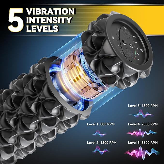 Vibrating Foam Roller for Muscle Recovery, 5-Speed, Rechargeable | High-Density Massage Roller for Physical Therapy, Back Pain Relief & Deep Tissue Massage, Exercise Roller Massager, 2 Modes