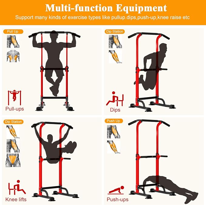 DlandHome Power Tower Pull Up Bar Dip Station,Adjustable Height Dip Stand | Multi-Function Fitness Equipment for Strength Training Home Gym,Stable Steel Frame for Pull Ups Dips Push Ups,Supports 330LBS