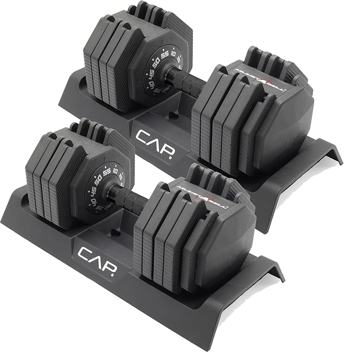 CAP ADJUSTABELL Adjustable Dumbbell Set, Premium Quick Select Adjustable Weights for Strength Training, Singles & Pairs, 12.5 LB, 25 LB & 55 LB, Round & Hex Dumbbells, Multiple Grip Handle Options