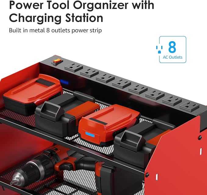 CCCEI Wall Mount Modular Tool Charging Organizer, Red, 1 Pack, 3 Tier. | Drill Battery Storage Rack with Hooks, Garage Workshop, Gifts for Men, Dad, Husband Anniversary, Birthday, Christmas