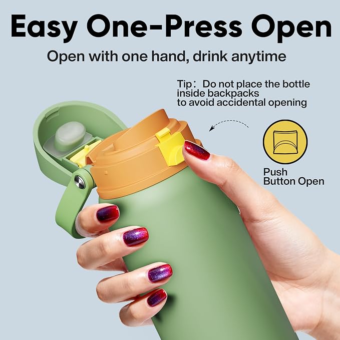 Insulated Water Bottle with Straw - Encool Stainless Steel Water Bottle with Push Button Lid, Leak-Proof & BPA-Free, Keeps Cold for 24 Hours for Sports, Travel, Gym (32 oz, Lichen-Yellow)