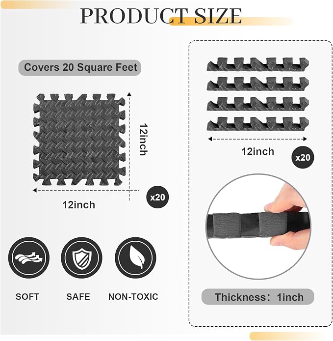 Arrowbash 12x12x1 Inch EVA Thick Interlocking Foam Floor Tiles Puzzle Exercise Mat Foam Mats for Home Gym Pets(Black,20)