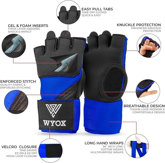 WYOX Neoprene Gel Boxing Hand Wraps Inner Gloves for Men & Women – 80cm/31in Quick Wrist Strap, Padded Knuckle Protection, Fingerless MMA Muay Thai Kickboxing Wraps for Training & Martial Arts