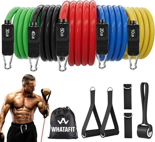 WHATAFIT Resistance Bands with Handles, 5-Level Exercise Bands for Workout | Natural latex,10-50 lbs, stackable to 150,Ankle Straps, Door Anchor,Guide. For Strength, Yoga,Home Gym,Travel & Workout.