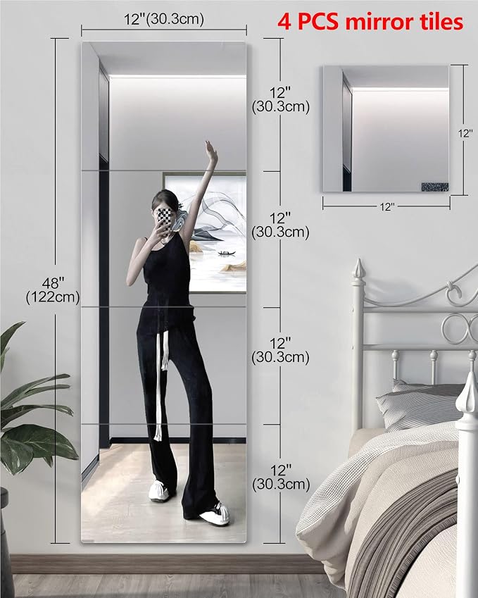 Shatterproof Wall Mirror Full Length for Bedroom, Acrylic Gym Mirrors For Home, Extra Thick: 0.12 inch, 12 x 12 inch x 4 Pcs, Workout Mirrors Safe for Kids, Over The Door, Long Wall Mounted