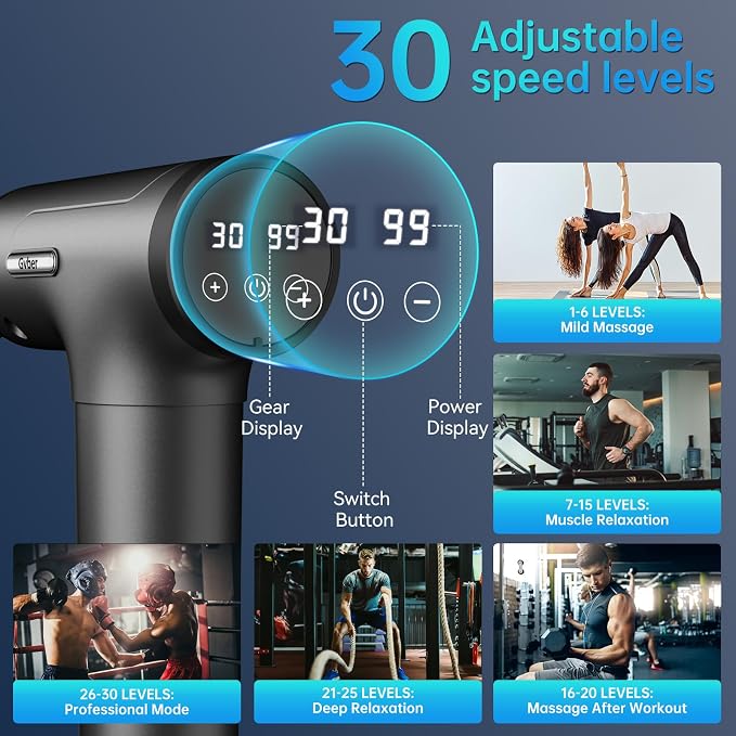 Gvber Massage Gun 30 Speed 6 Heads Percussion Muscle Pain Relief, Grey | Handheld Quiet Deep Tissue Back Massager Relieves Back, Neck, Shoulder, Leg & Foot for Athletes & Home Gym