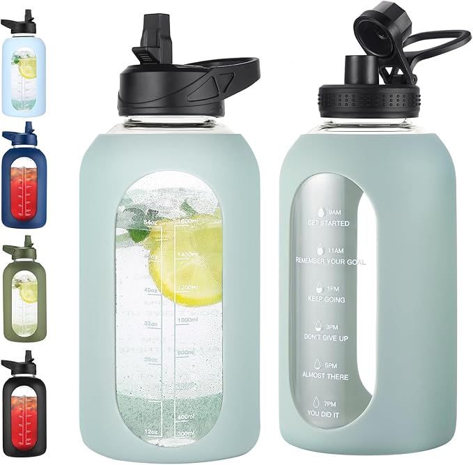 EALGRO 64 oz Glass Water Bottle with Straw, Large Half Gallon Water Jug | Sports Motivational Water Bottle with Time Marker and Silicone Sleeve, Flask Cup with Handle for Travel, Gym, School, Sage