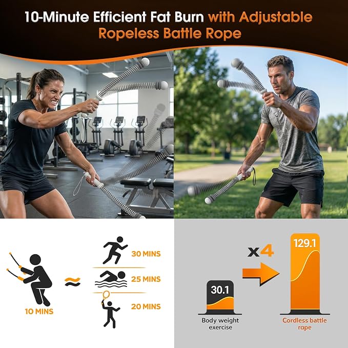 Ropeless Battle Rope Portable Cordless Weighted for Home Gym (Gray) | Adjustable sliding weights No anchor needed Non-slip grip & wrist strap Quiet HIIT at home Full-body cardio & strength