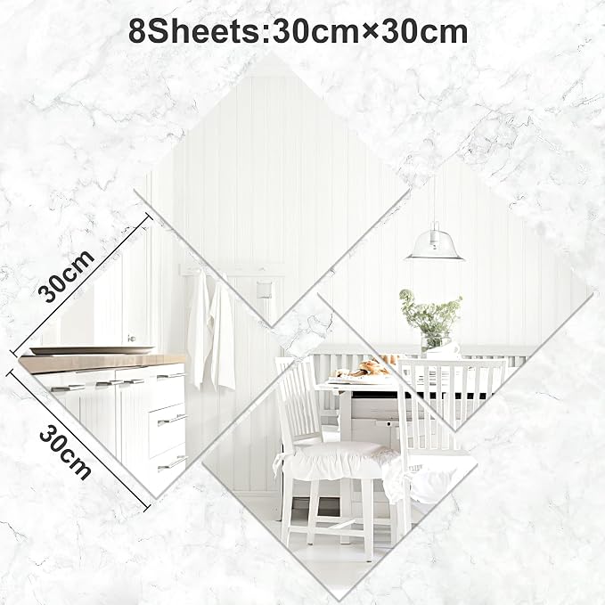 JUNEBRUSHS 8 Pack Self Adhesive Acrylic Mirror, 12 x 12 Inch Mirror Tiles | 2MM Thick Mirror, Frameless Small Mirror, Flexible Plastic Sheets Wall Stickers
