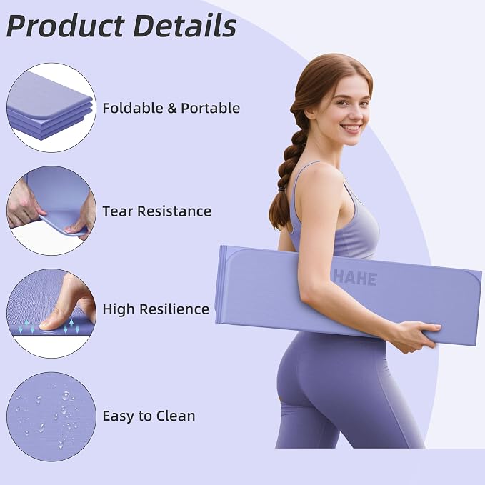 HAHE Foldable Yoga Mat 74"Lx32"Wx1/3"Thick, Folding Exercise Mats | Non-slip Wide Pilates Mats for Home Workout/Travel, Portable Yoga Mat Thick for Yoga/Pilates/Camping/Floor Exercises