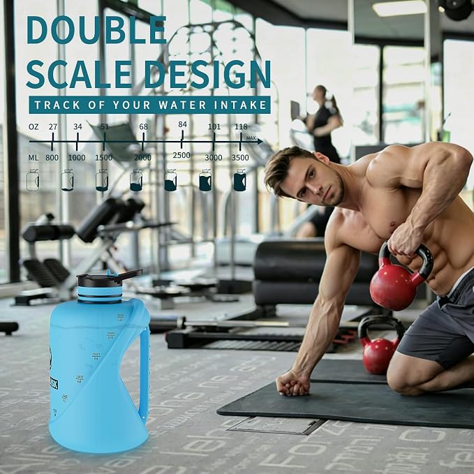 Large Gym Water Bottle 1 Gallon with Measurement Marks, Drop Resistant Fitness Jug with Straw & Direct Drink Lid, Sweat-Proof Reusable Sports Flask with 3 Ways Carry Strap for Workout