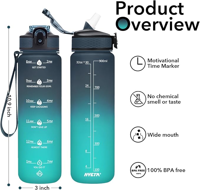 Hyeta Plastic Water Bottle With Straw & Time Marker, 32oz Leakproof Jug | Motivational Tritan BPA Free Gym Office Outdoor Intake Tracker Hourly Reminder Straw Lid Lightweight