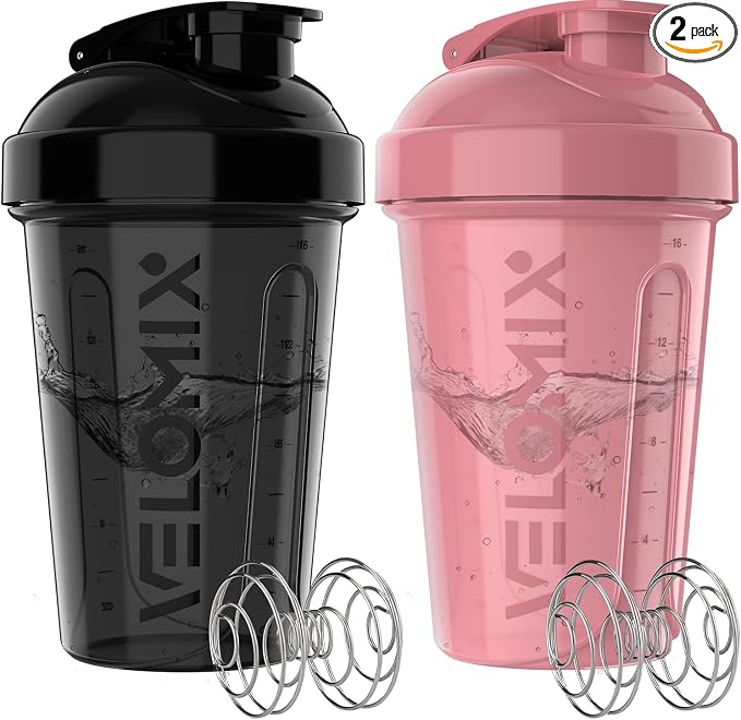VELOMIX 2 Pack 20oz Protein Shaker Bottle for Protein Mixes, Pink/Black | 2x Wire Whisk, Leak Proof Shaker Cups for Protein Shakes, Stackable, Dishwasher safe, BPA free, Pre Workout and Gym ready