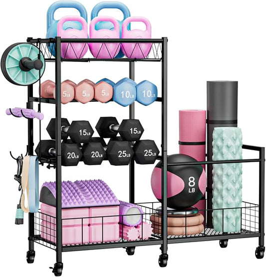 HavenlyYouth Dumbbell Rack, Home Gym Weight Rack Storage, Adjustable Dumbbell Stand Organizer with Wheels, Holds Dumbbells, Kettlebells, Yoga Mats